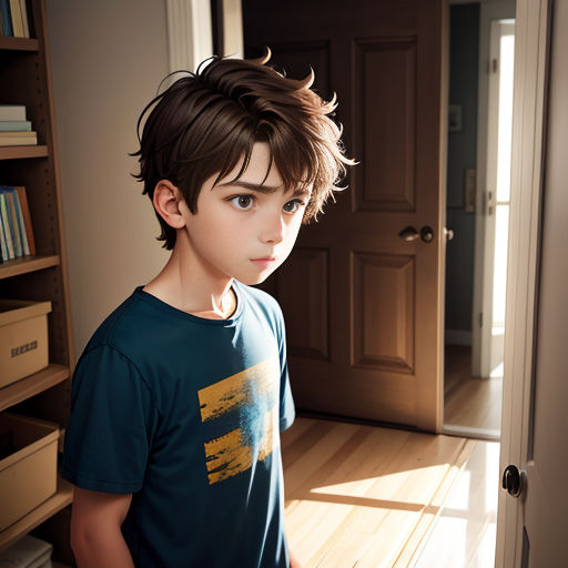 a young boy standing in a room with a door open and a book shelf in the background with a book case