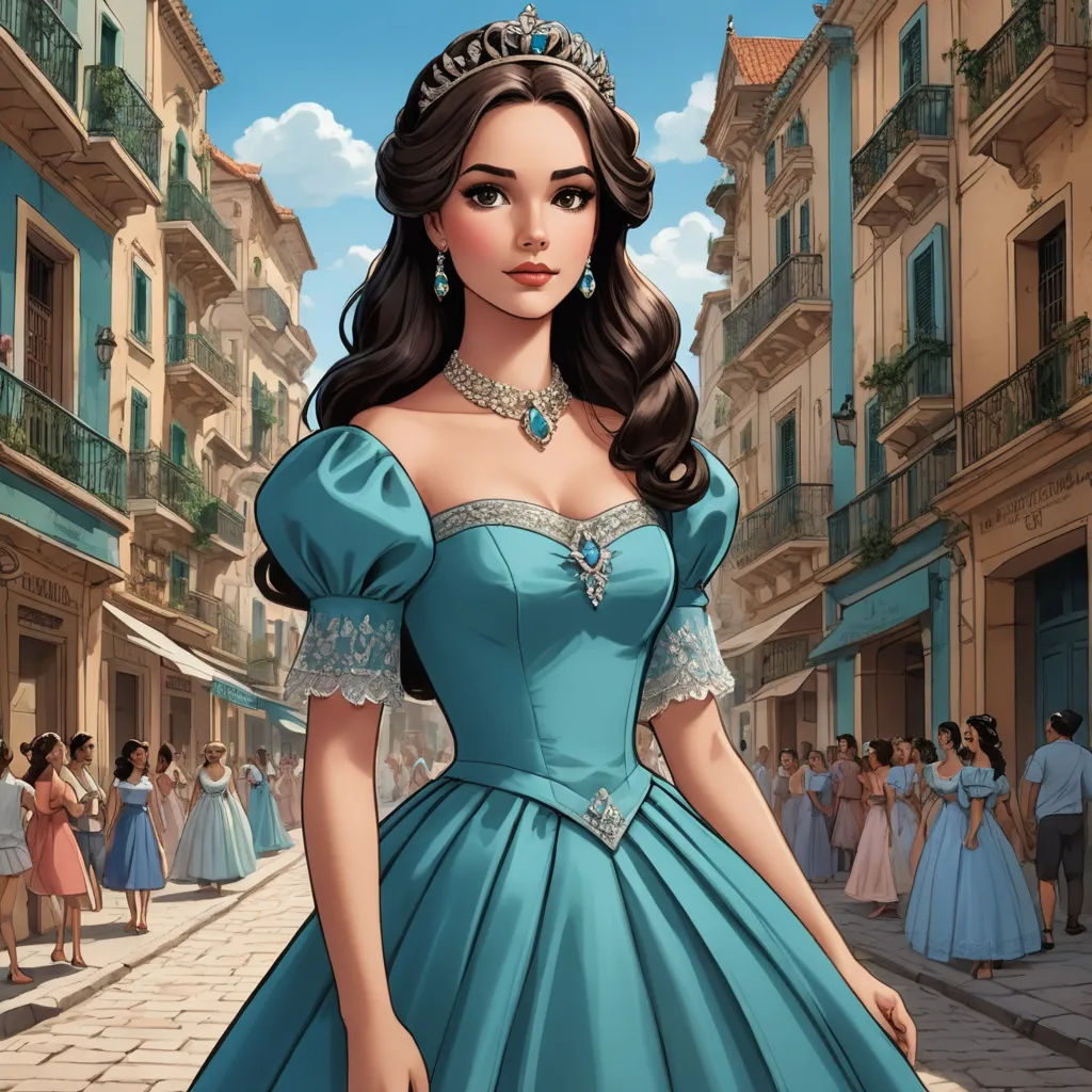 a cartoon of a woman in a blue dress in a street with people in the background and a building with a balcony, fantasy art, a character portrait, Araceli Gilbert, kinkade