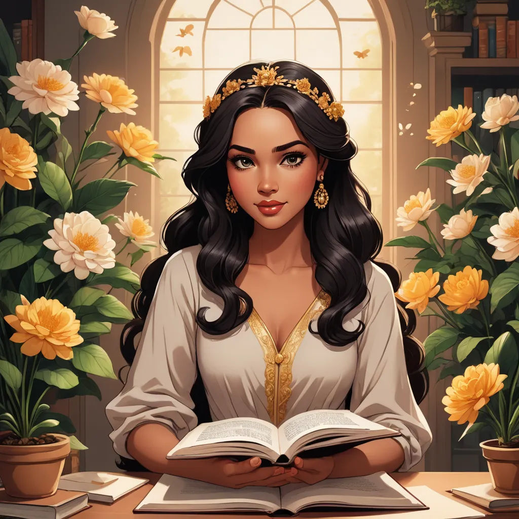 a woman in a white dress is reading a book and flowers are in the background and a window is open, fantasy art, a character portrait, Charlie Bowater, fantasy illustration