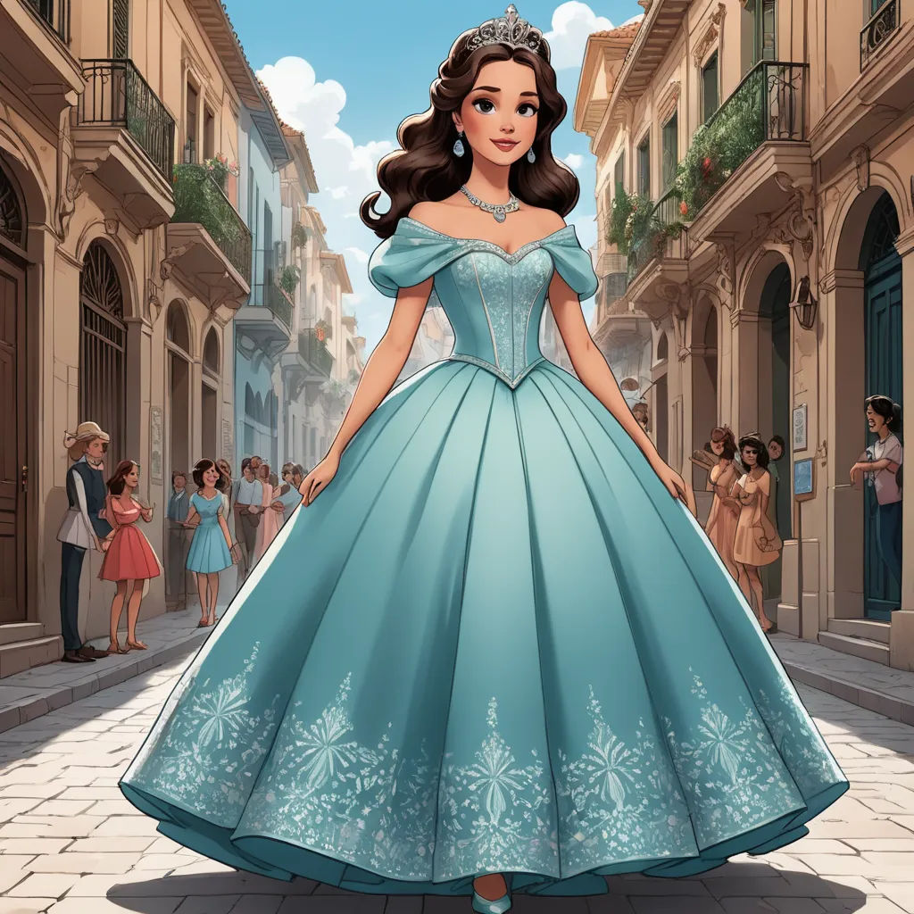 a cartoon of a woman in a blue dress in a street with people in the background and a building with a balcony, magic realism, a storybook illustration, Florence Engelbach, official art