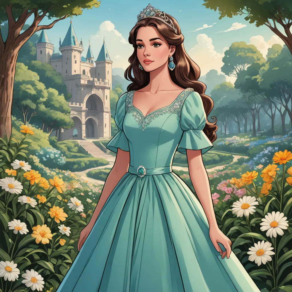 a cartoon of a woman in a blue dress in a garden with flowers and a castle in the background, fantasy art, a character portrait, Clarice Beckett, kinkade