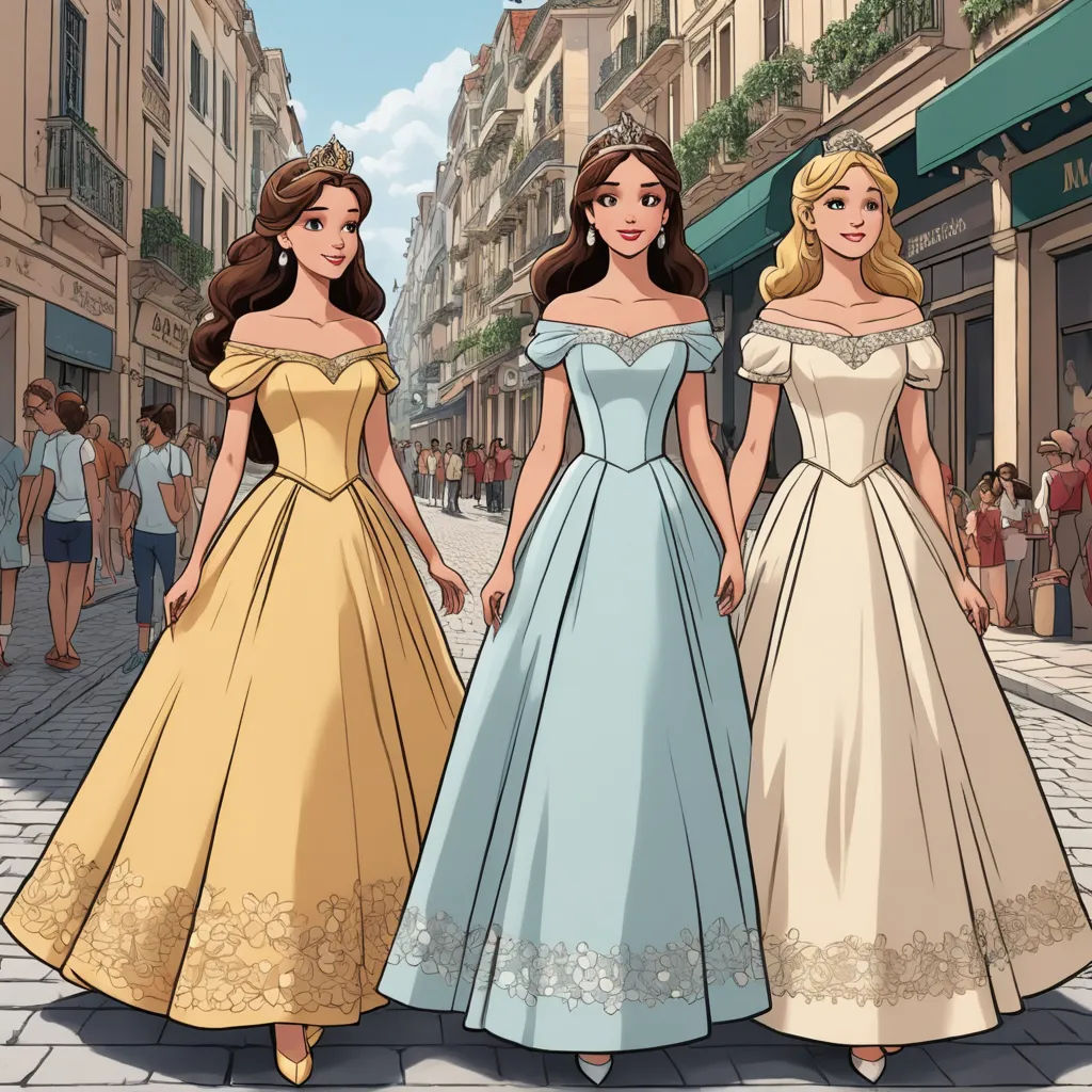 a group of women in dresses walking down a street together in front of a crowd of people wearing fancy clothing, neoclassicism, a storybook illustration, disney, official art