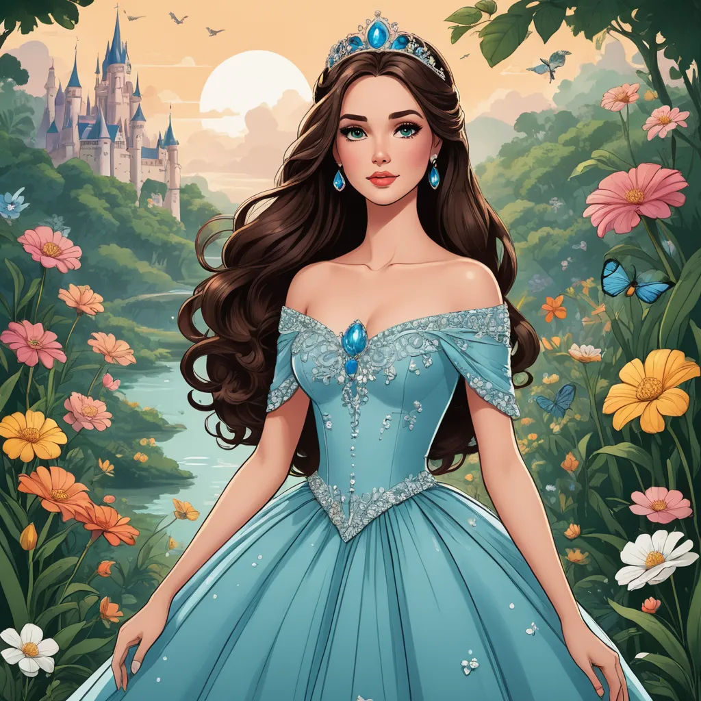 a beautiful young lady in a blue dress standing in a garden with flowers and butterflies around her, with a castle in the background, fantasy art, a character portrait, disney, kinkade