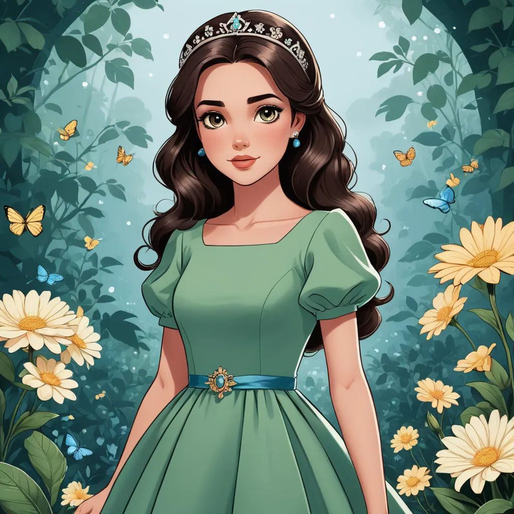 a cartoon girl in a green dress standing in a garden with flowers and butterflies around her head and a tiara on her head, fantasy art, a character portrait, disney, animated