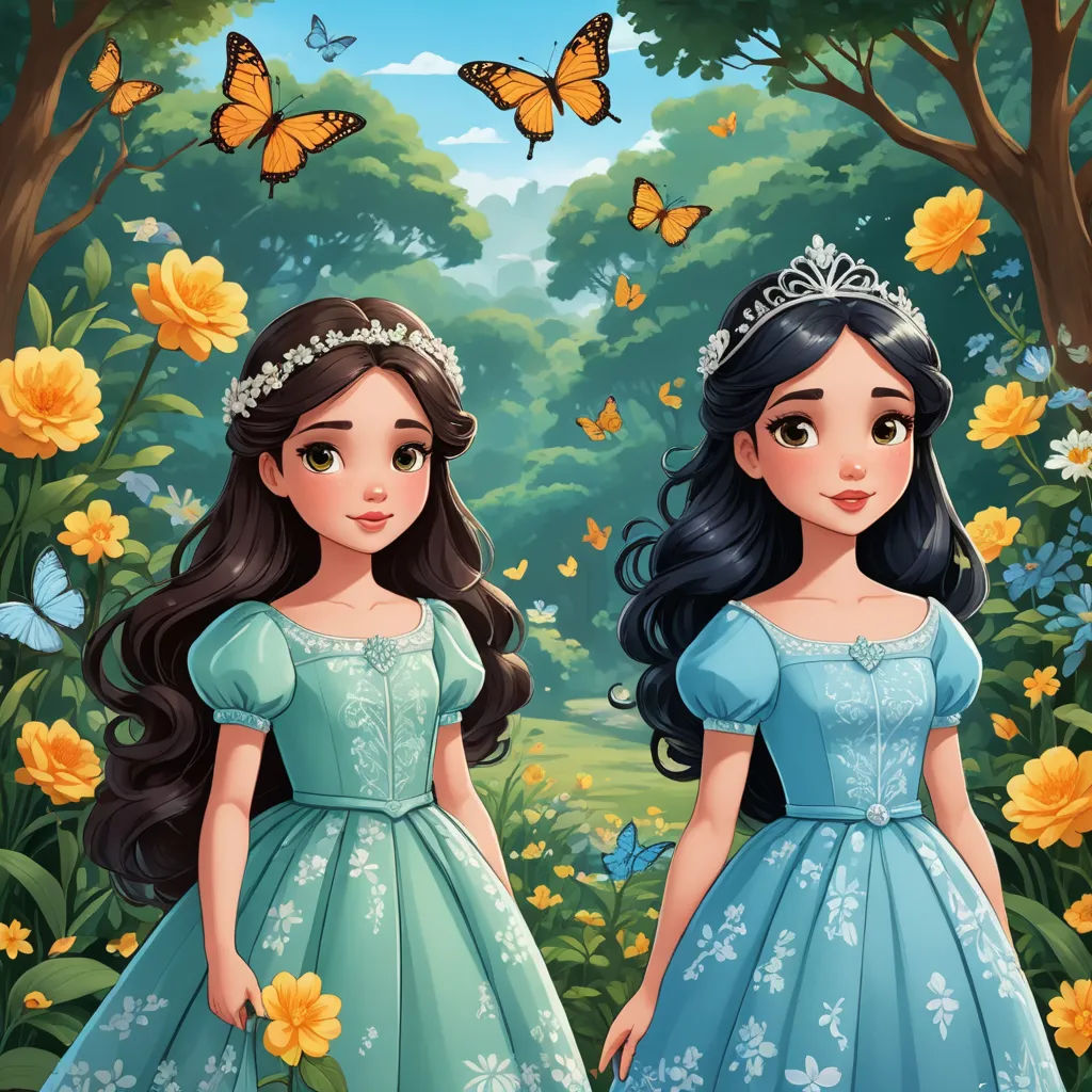 a couple of girls in dresses standing in front of a forest with butterflies flying overhead and a butterfly in the sky, gothic art, a storybook illustration, disney, animated