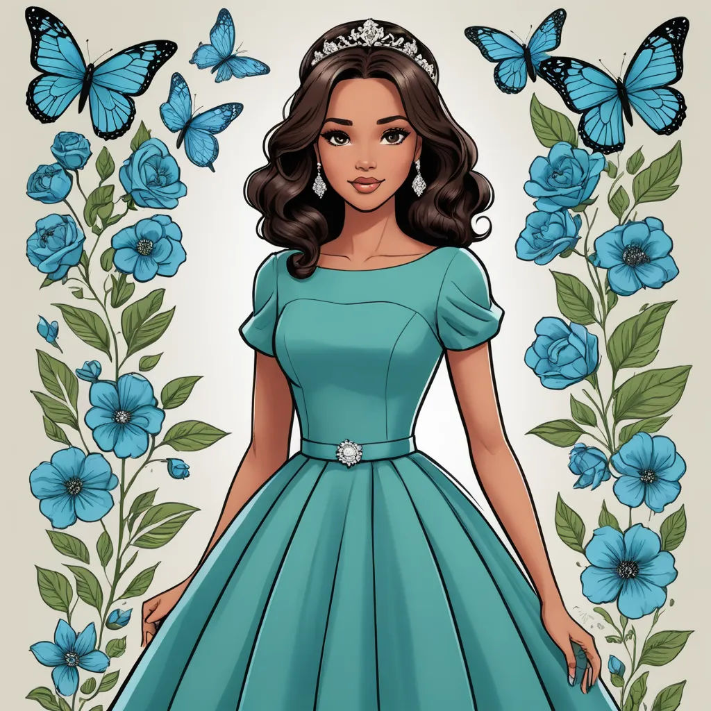 a woman in a blue dress standing in front of blue flowers and butterflies with a tiara on her head, gothic art, a character portrait, disney, animated
