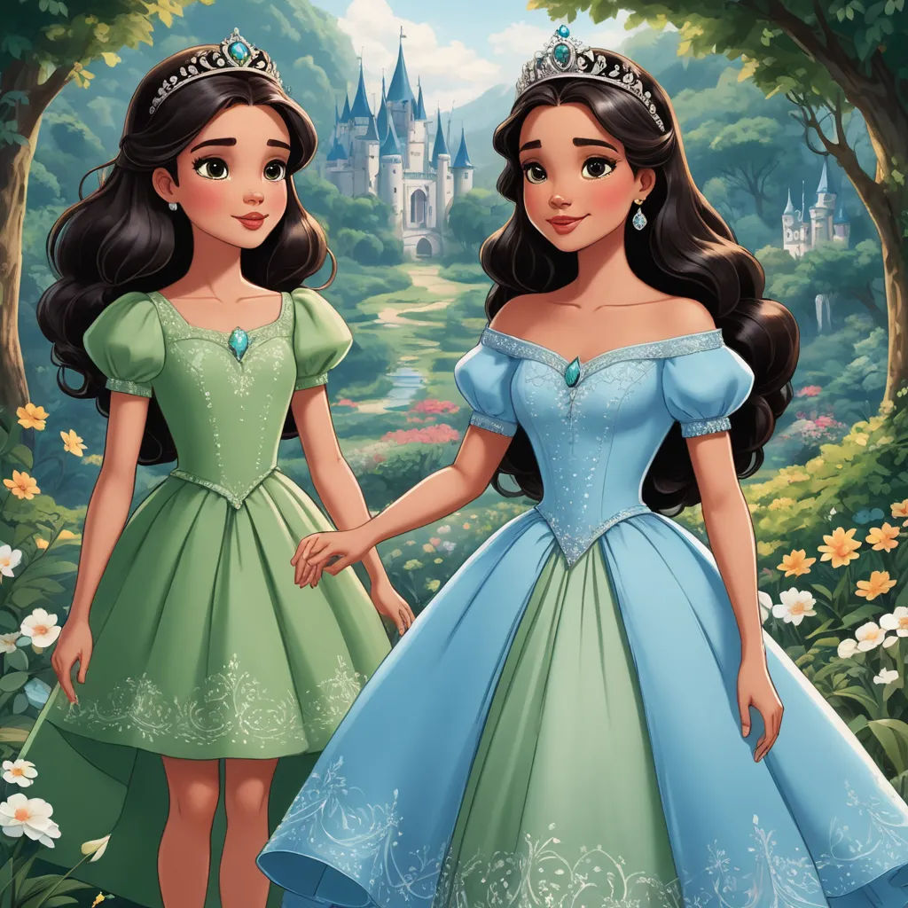a couple of princesses are standing in front of a castle with a castle in the background and flowers in the foreground, gothic art, concept art, disney, official art