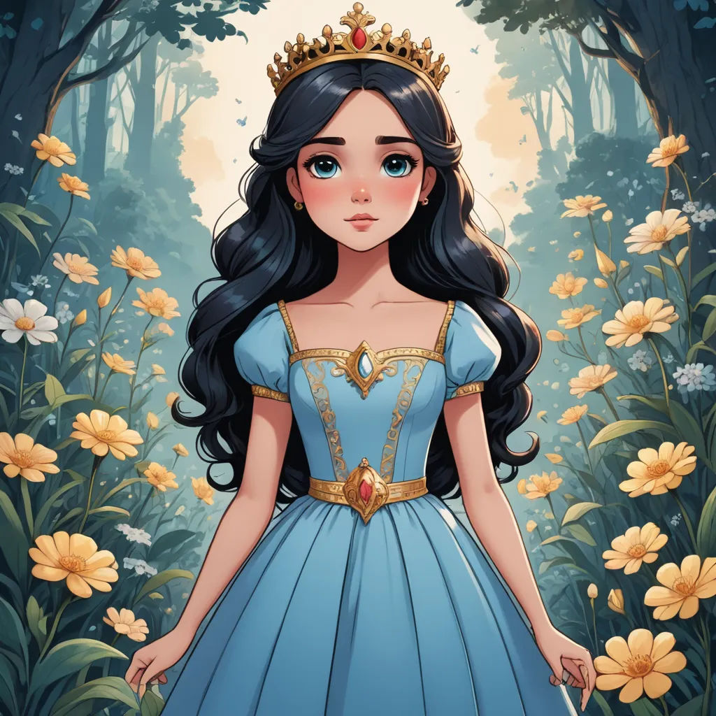 a cartoon character in a blue dress standing in a forest with flowers and trees behind her, wearing a tiara, fantasy art, a character portrait, Alice Prin, kinkade