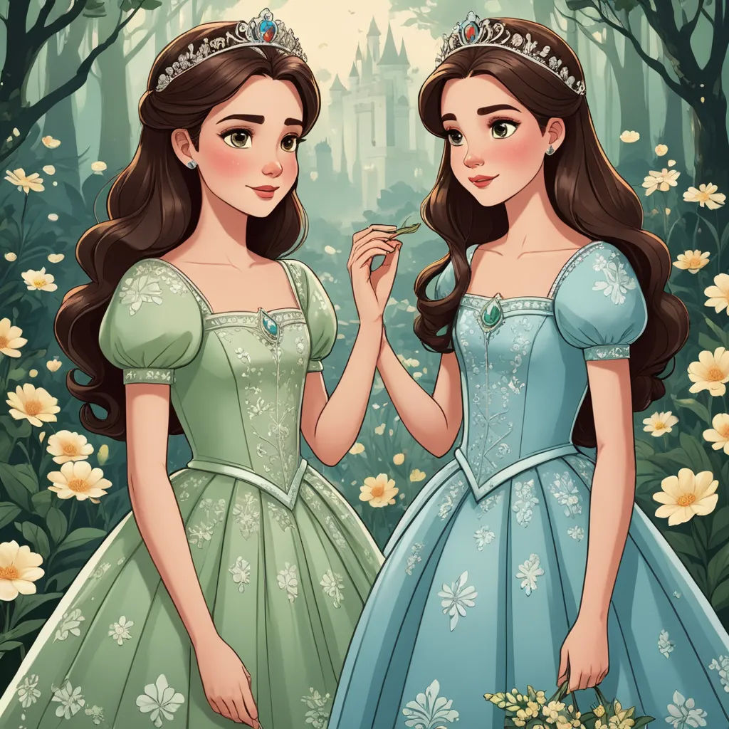 two girls dressed in dresses standing in a forest with flowers and trees in the background, one of them is holding a flower, fantasy art, a storybook illustration, disney, animated