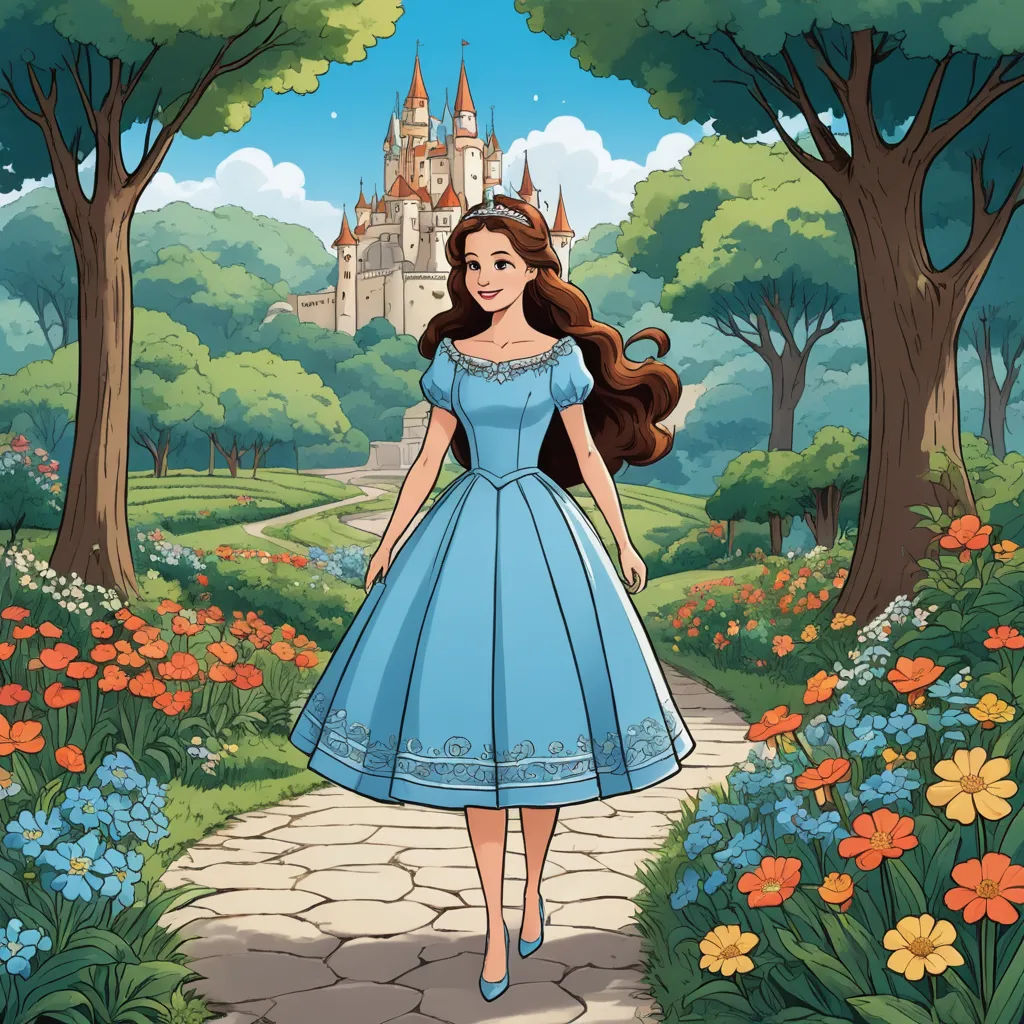 a cartoon of a woman in a blue dress walking through a park with flowers and trees in the background, magical realism, a storybook illustration, disney, kinkade