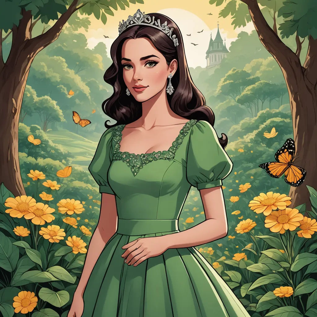 a woman in a green dress standing in a forest with butterflies around her and a castle in the background, sots art, a character portrait, Anne Stokes, character portrait