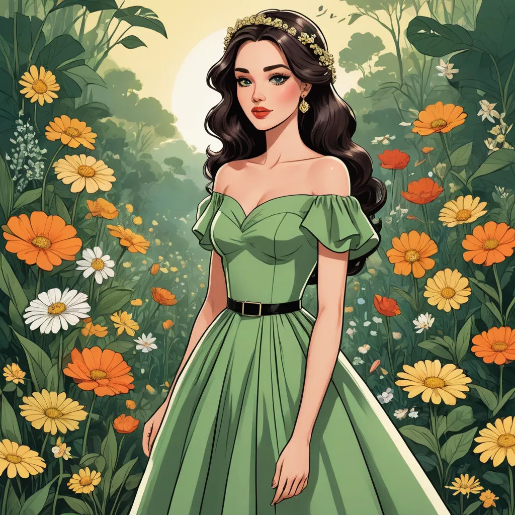 a woman in a green dress standing in a field of flowers with a sun in the background and a bird flying overhead, fantasy art, a character portrait, Evaline Ness, green