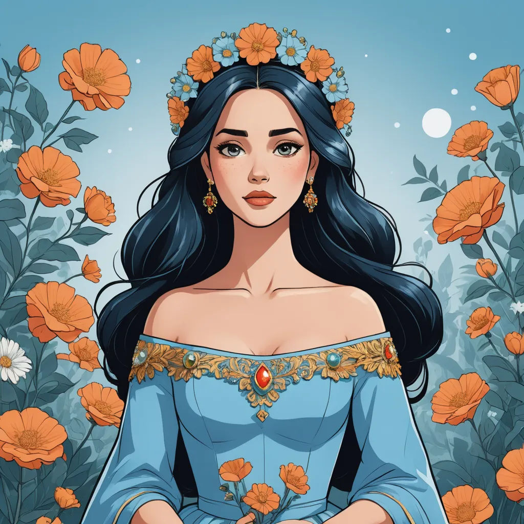 a woman in a blue dress with flowers around her head and a crown on her head, standing in front of a blue background with orange flowers, fantasy art, a character portrait, Charlie Bowater, fantasy illustration