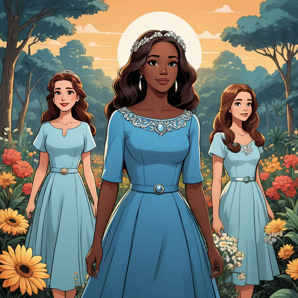 a cartoon of two women in dresses standing in a field of flowers with a sunflower in the background, sots art, a storybook illustration, Dorothy Coke, key art