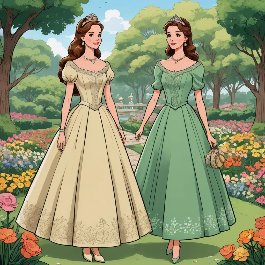 two women in dresses standing in a garden with flowers and trees in the background, one wearing a tiara, synthetism, a storybook illustration, disney, animated