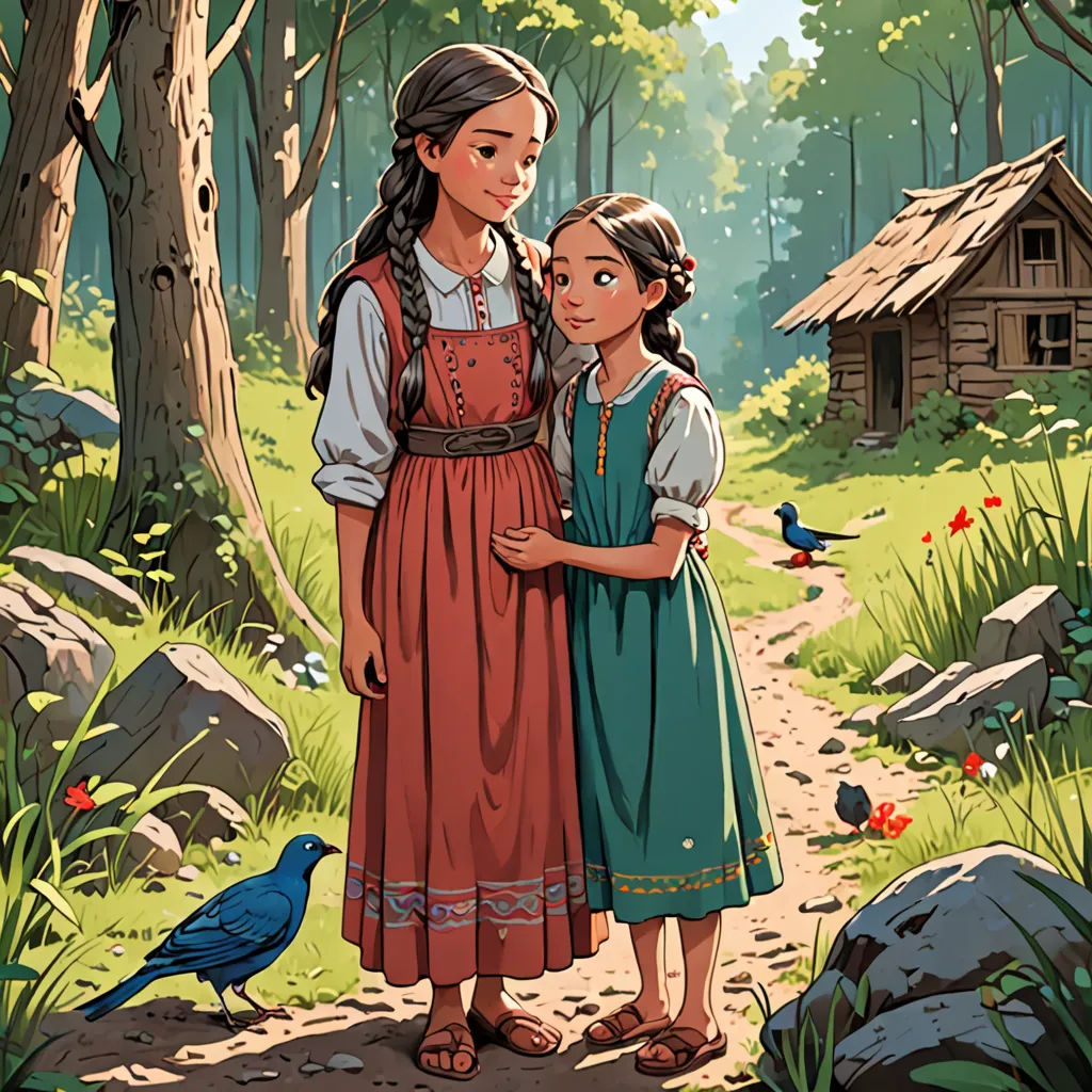 a painting of two girls standing in a forest with a bird nearby and a cabin in the background with a bird on the ground, synthetism, a storybook illustration, Anne Said, official art