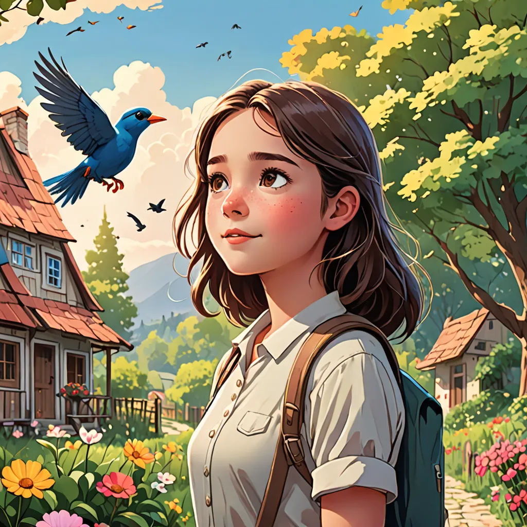 a girl with a backpack looking at a bird flying over her shoulder and a house in the background with flowers and trees, american scene painting, a storybook illustration, Atey Ghailan, storybook illustration