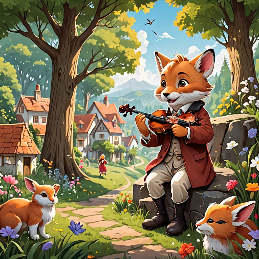 a painting of a fox playing a violin in a forest with a fox and a fox cub nearby,, furry art, a storybook illustration, Aaron Jasinski, official art