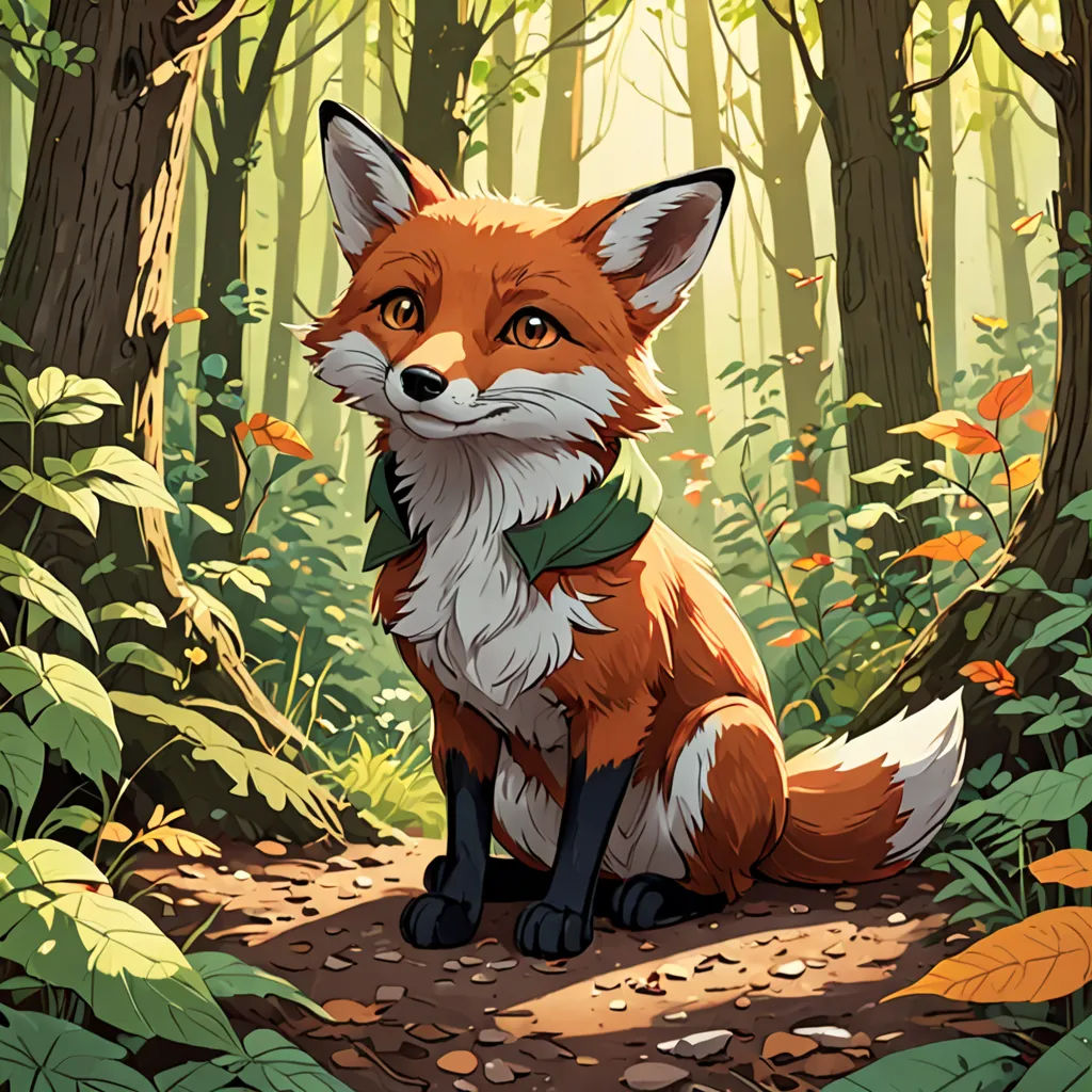 a fox sitting in the middle of a forest with leaves on the ground and a forest floor with trees and leaves, furry art, a character portrait, Dan Mumford, official art