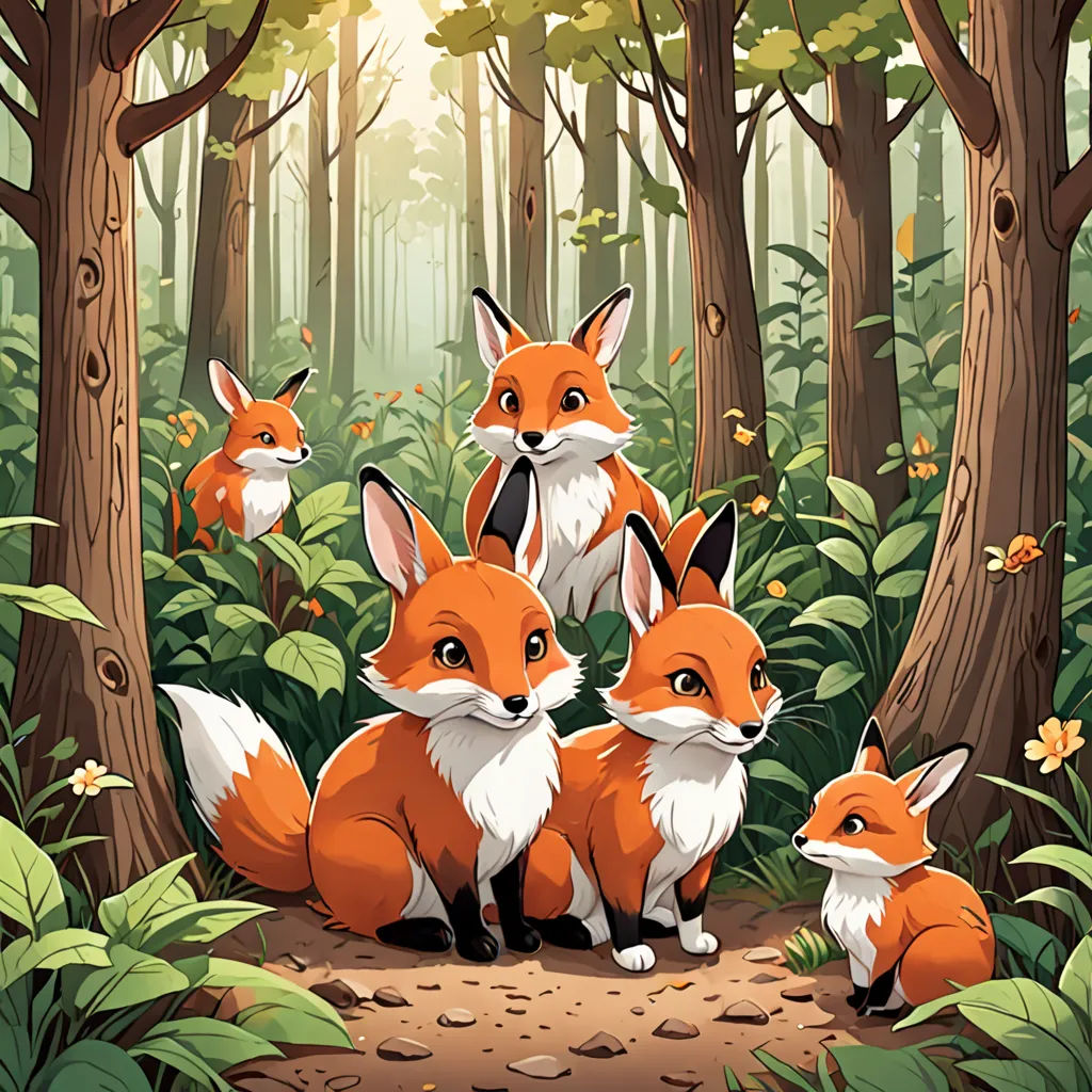 a group of foxes in a forest with trees and flowers around them, with a sun shining through the trees, furry art, a storybook illustration, Dan Mumford, official art