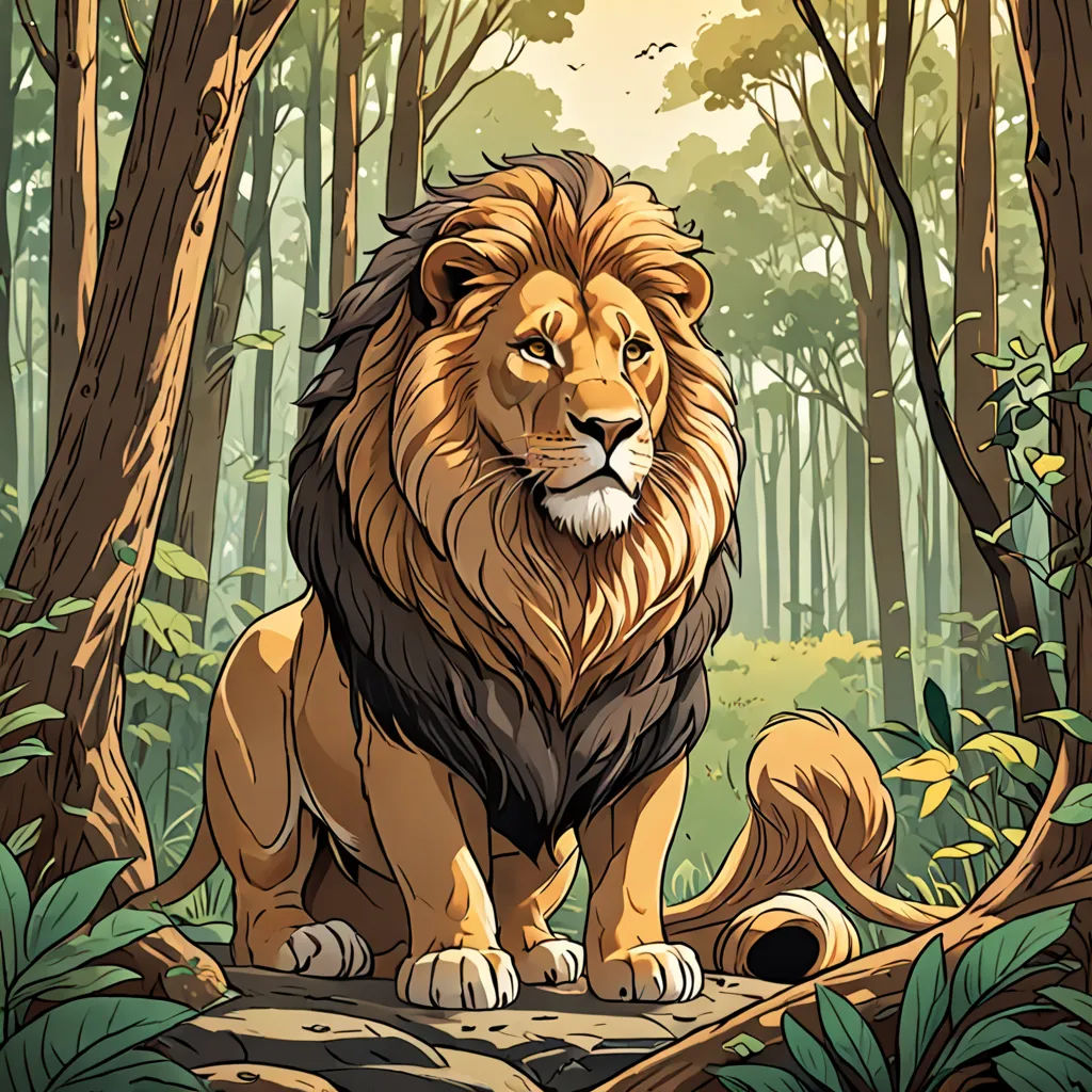 a lion sitting on a log in the middle of a forest with trees and leaves around it, with a sun shining through the trees, furry art, a character portrait, Chris LaBrooy, jungle