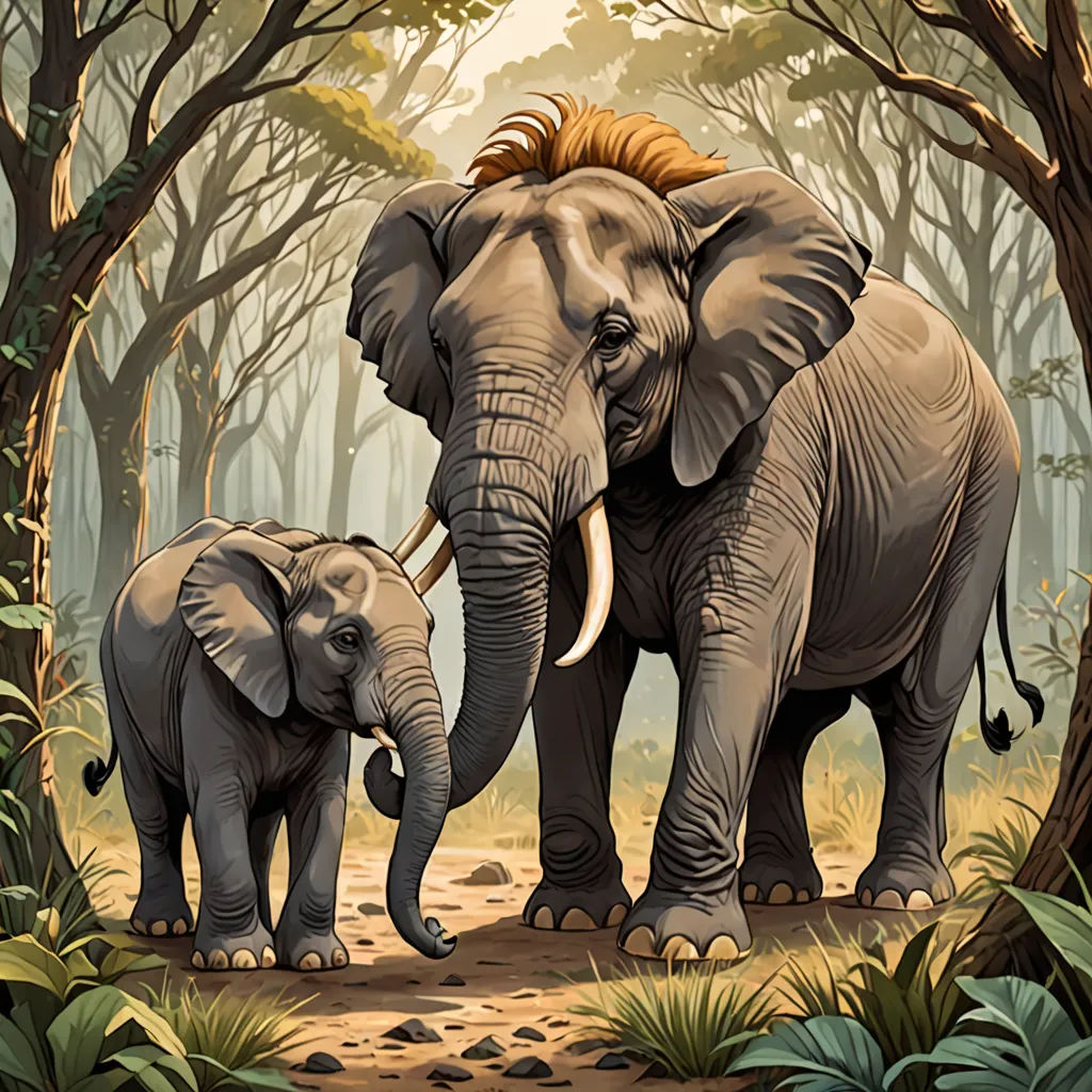 a couple of elephants standing in a forest next to trees and bushes with a baby elephant standing next to them, sumatraism, a digital painting, Chris LaBrooy, highly detailed digital painting