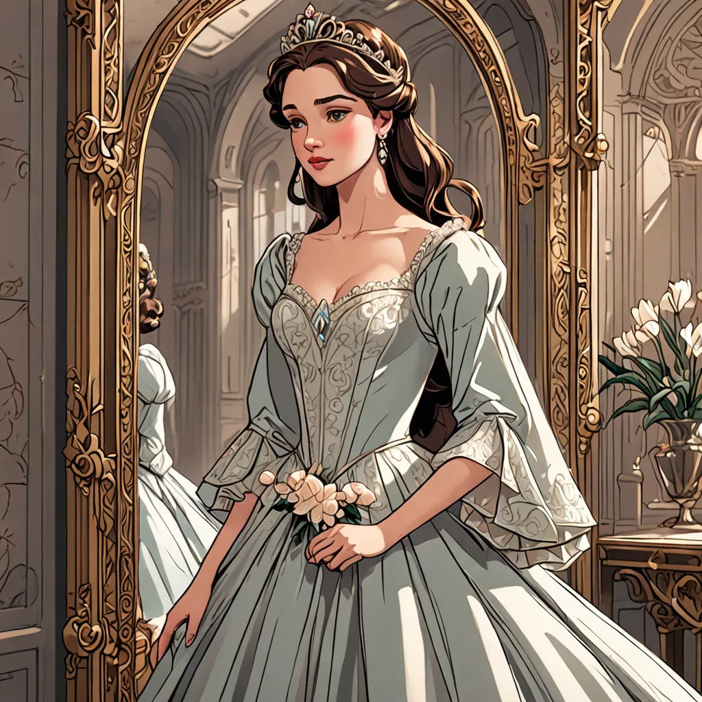 a woman in a dress standing in front of a mirror with flowers in her hand and a bouquet in her hand, gothic art, a storybook illustration, Charlie Bowater, kinkade