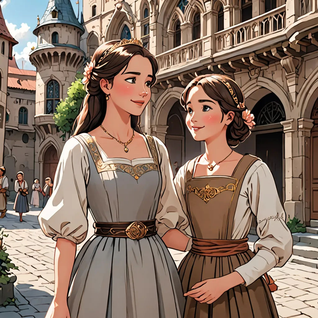 a couple of women standing next to each other on a street near a castle with a clock tower in the background, fantasy art, a storybook illustration, disney, official art