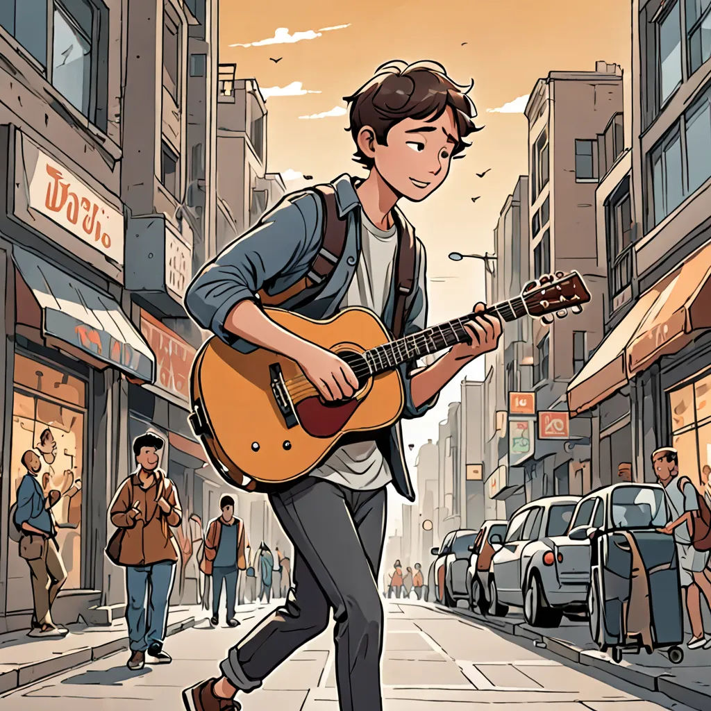 a man playing a guitar on a city street with pedestrians walking by him and a woman walking down the street, art & language, a comic book panel, Asaf Hanuka, comic cover art