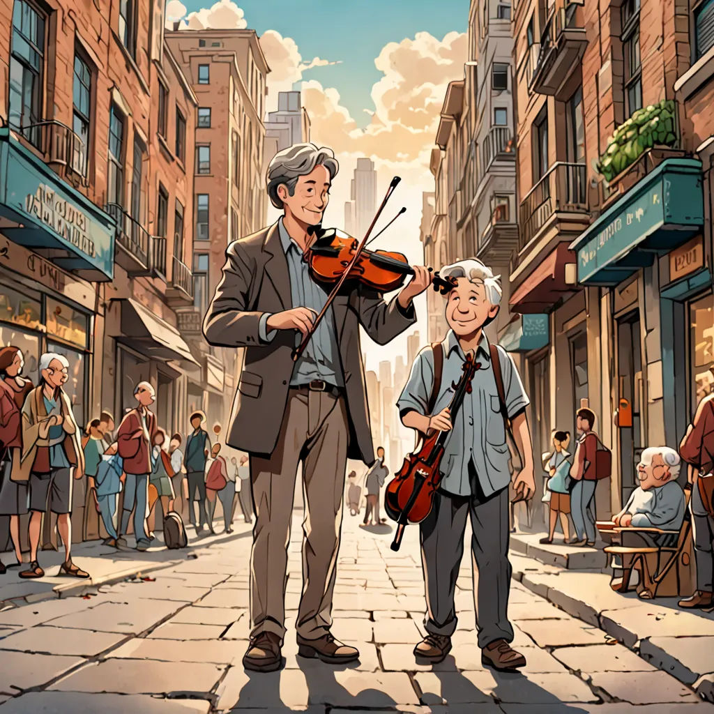 a man playing a violin with a boy standing next to him on a street with people walking on the sidewalk, fantastic realism, a storybook illustration, Asaf Hanuka, official art