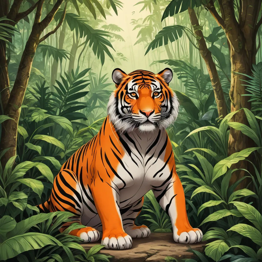 a tiger sitting in the middle of a jungle with trees and plants around it and a background of leaves, furry art, an airbrush painting, Chris LaBrooy, highly detailed digital painting