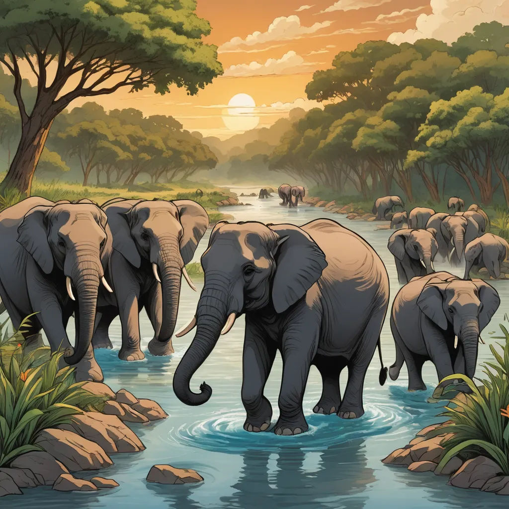 a herd of elephants walking across a river next to a forest filled with trees and bushes at sunset or dawn, sumatraism, a storybook illustration, Chris LaBrooy, nature