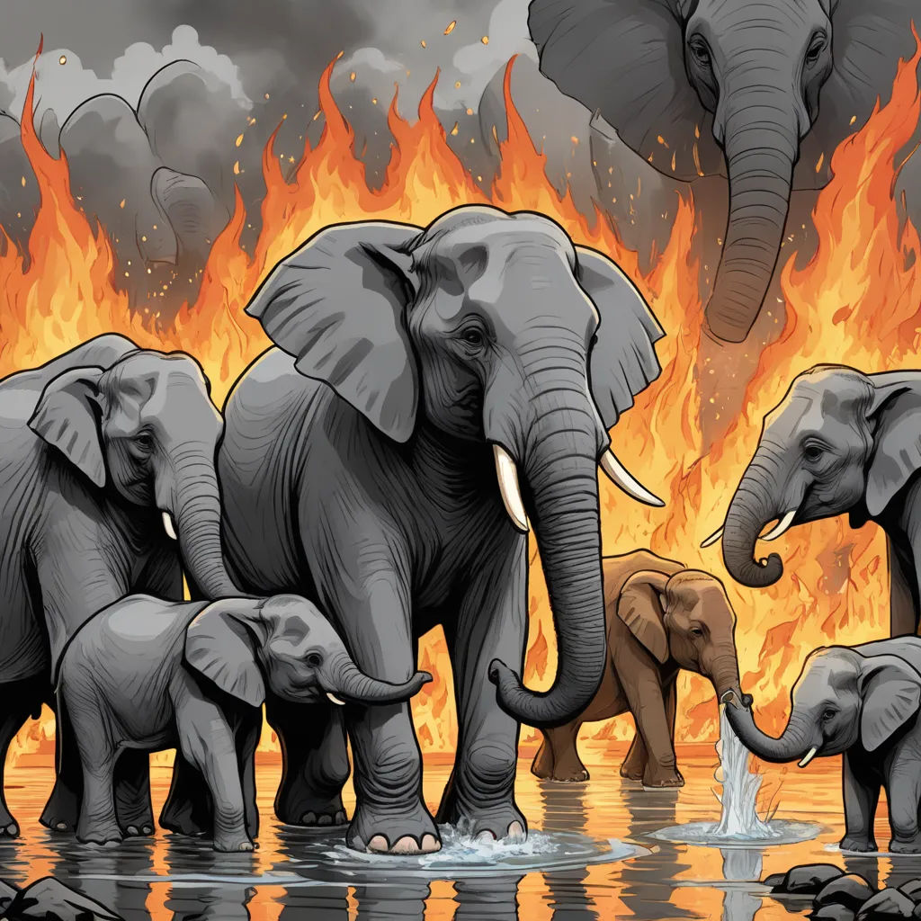 a group of elephants standing in front of a fire and water scene with a baby elephant in the middle, unilalianism, a storybook illustration, Amédée Ozenfant, furaffinity