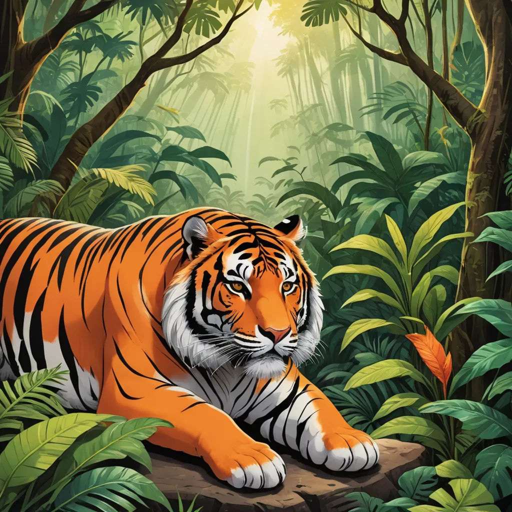 a tiger laying down in the middle of a jungle with trees and plants around it and a bright light shining on the tiger, bengal school of art, a storybook illustration, Chris LaBrooy, highly detailed digital painting