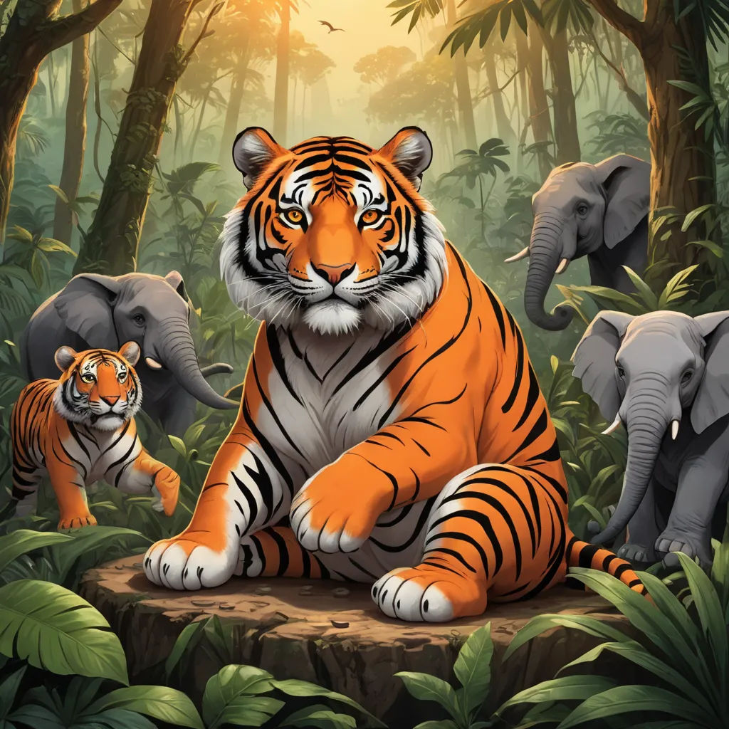a tiger and two other animals in a jungle setting with trees and bushes in the background, with a sun shining through the trees, furry art, a storybook illustration, Dan Mumford, highly detailed digital painting