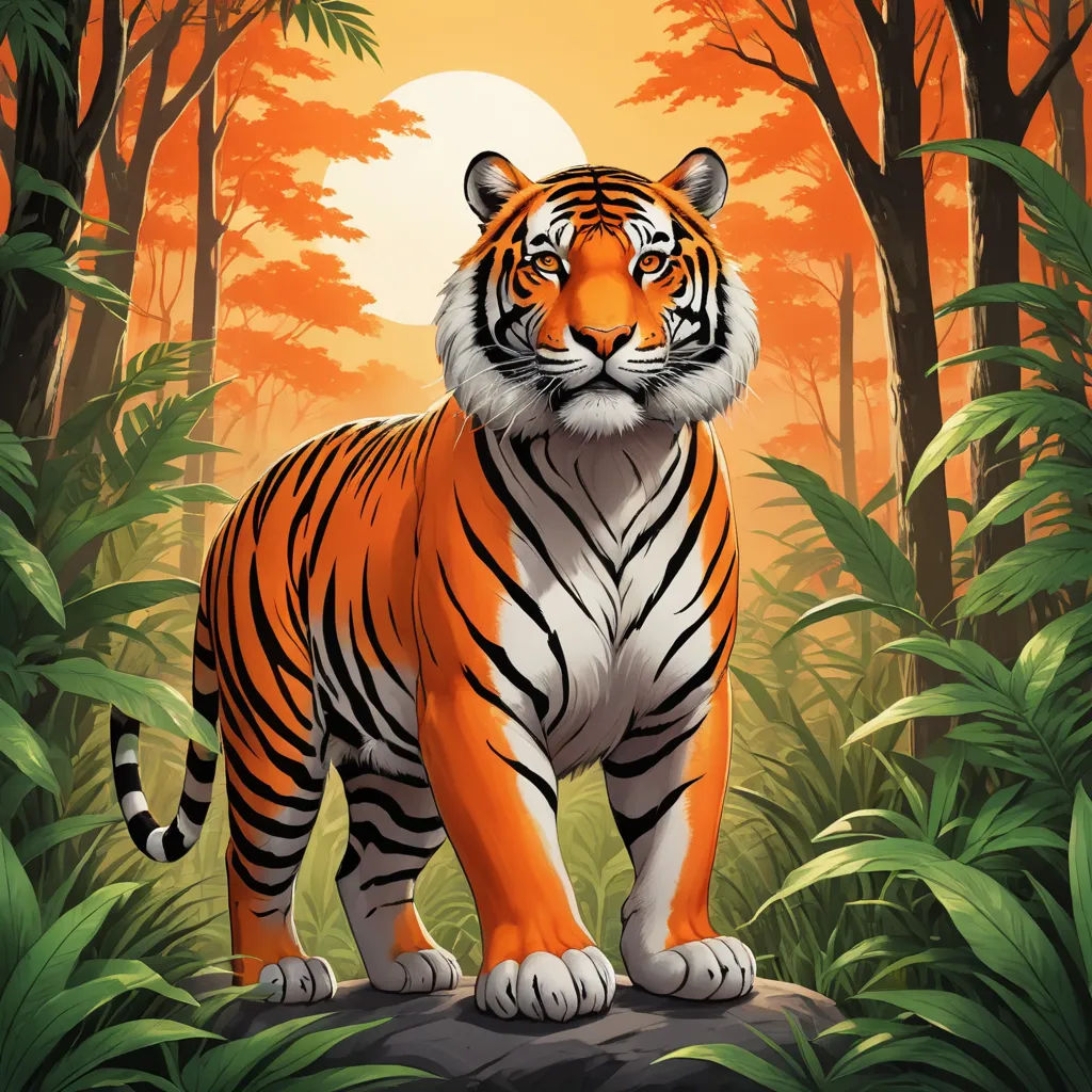 a tiger standing in the middle of a forest with trees and bushes around it, with a full moon in the background, bengal school of art, an airbrush painting, Dan Mumford, highly detailed digital painting