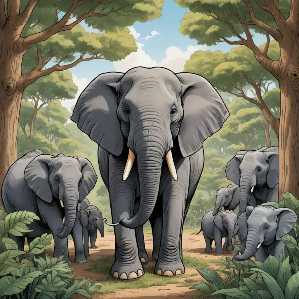 a group of elephants walking through a forest filled with trees and bushes, with a sky background and a few clouds, sumatraism, a storybook illustration, Amédée Ozenfant, detailed illustration