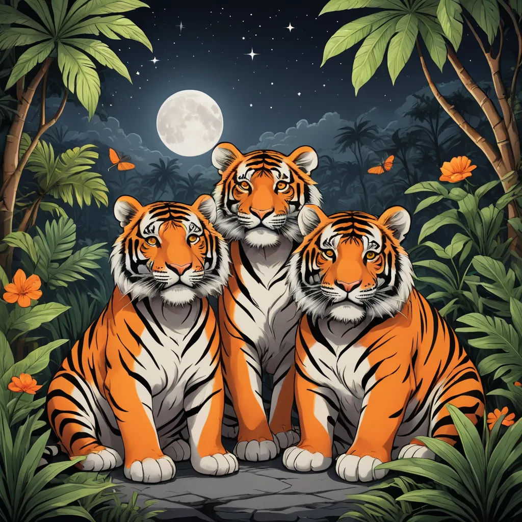 three tigers sitting in the jungle at night with the moon in the background and flowers in the foreground, furry art, an album cover, Dan Mumford, highly detailed digital painting