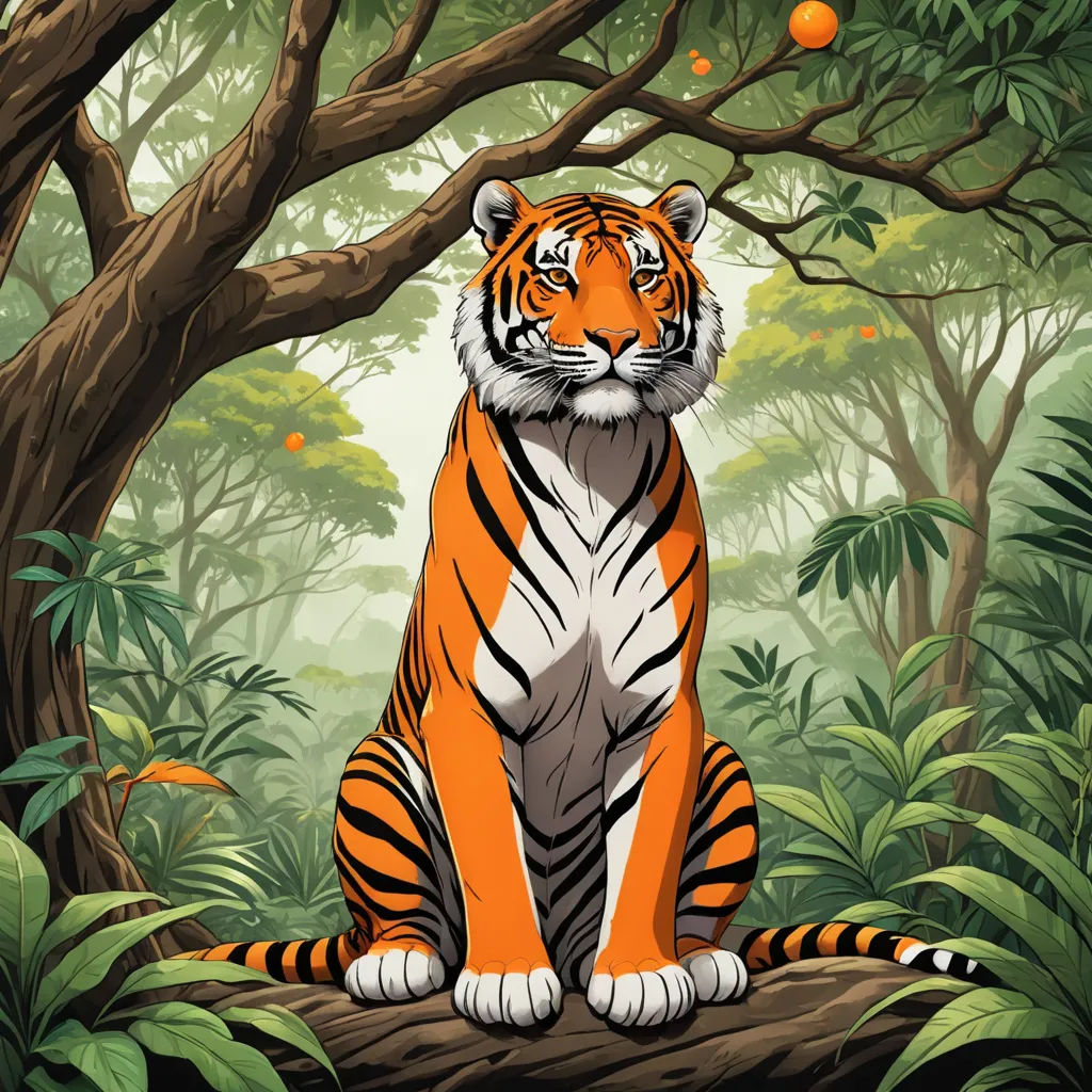a tiger sitting on a log in a forest with oranges and trees in the background and a green area, bengal school of art, an airbrush painting, Chris LaBrooy, orange