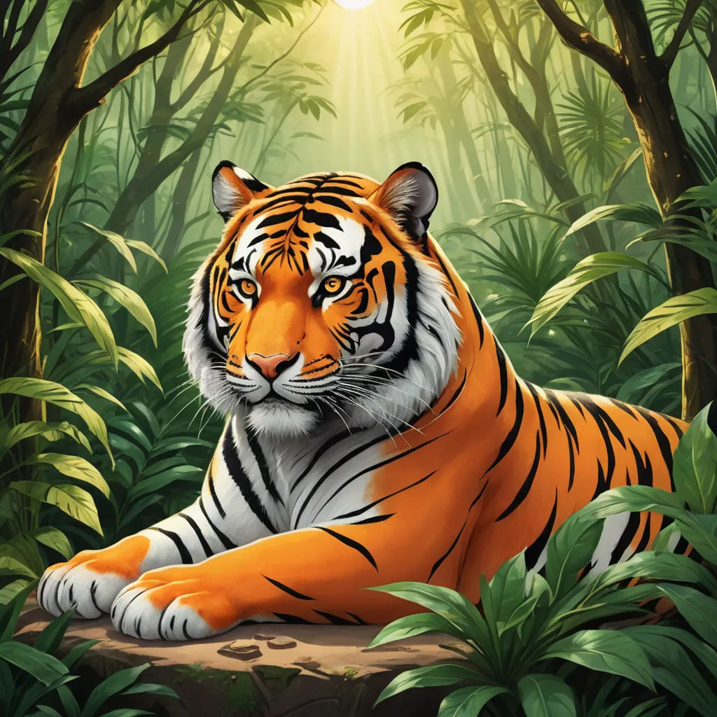 a tiger laying down in the middle of a forest with a bright light shining on it's face, furry art, an airbrush painting, Carlos Catasse, highly detailed digital painting