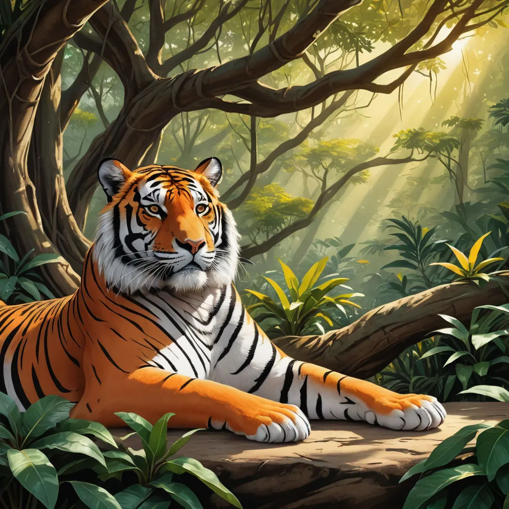 a tiger laying on a rock in a forest with trees and bushes around it, with sunlight streaming through the trees, furry art, an airbrush painting, Brom, highly detailed digital painting
