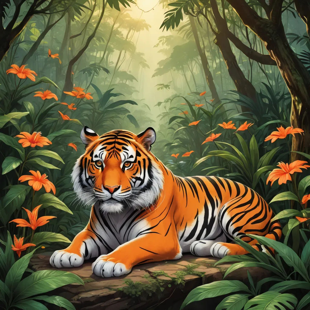 a tiger laying on a rock in a jungle with flowers and trees around it, with a bright light shining on the background, furry art, an airbrush painting, Anne Stokes, jungle