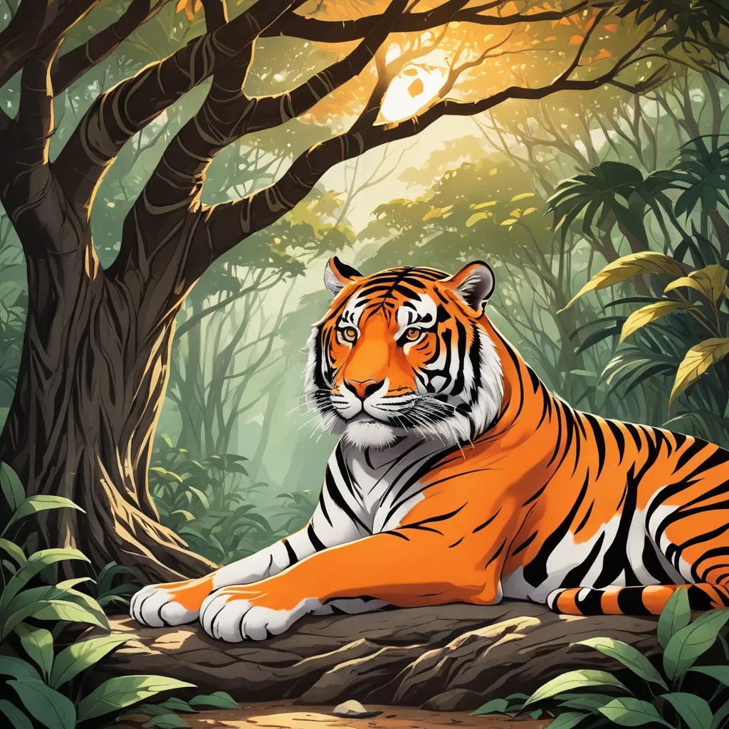 a tiger sitting in the middle of a forest with trees and leaves around it, with the sun shining through the trees, furry art, a storybook illustration, Dan Mumford, highly detailed digital painting