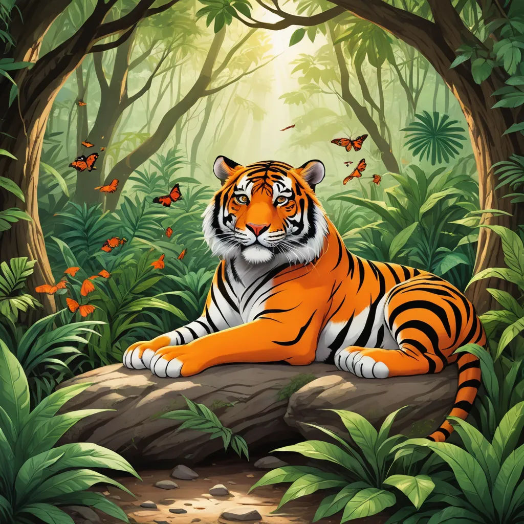 a tiger sitting on a rock in a forest with butterflies flying around it and a sunbeam in the background, furry art, a storybook illustration, Anne Stokes, highly detailed digital painting