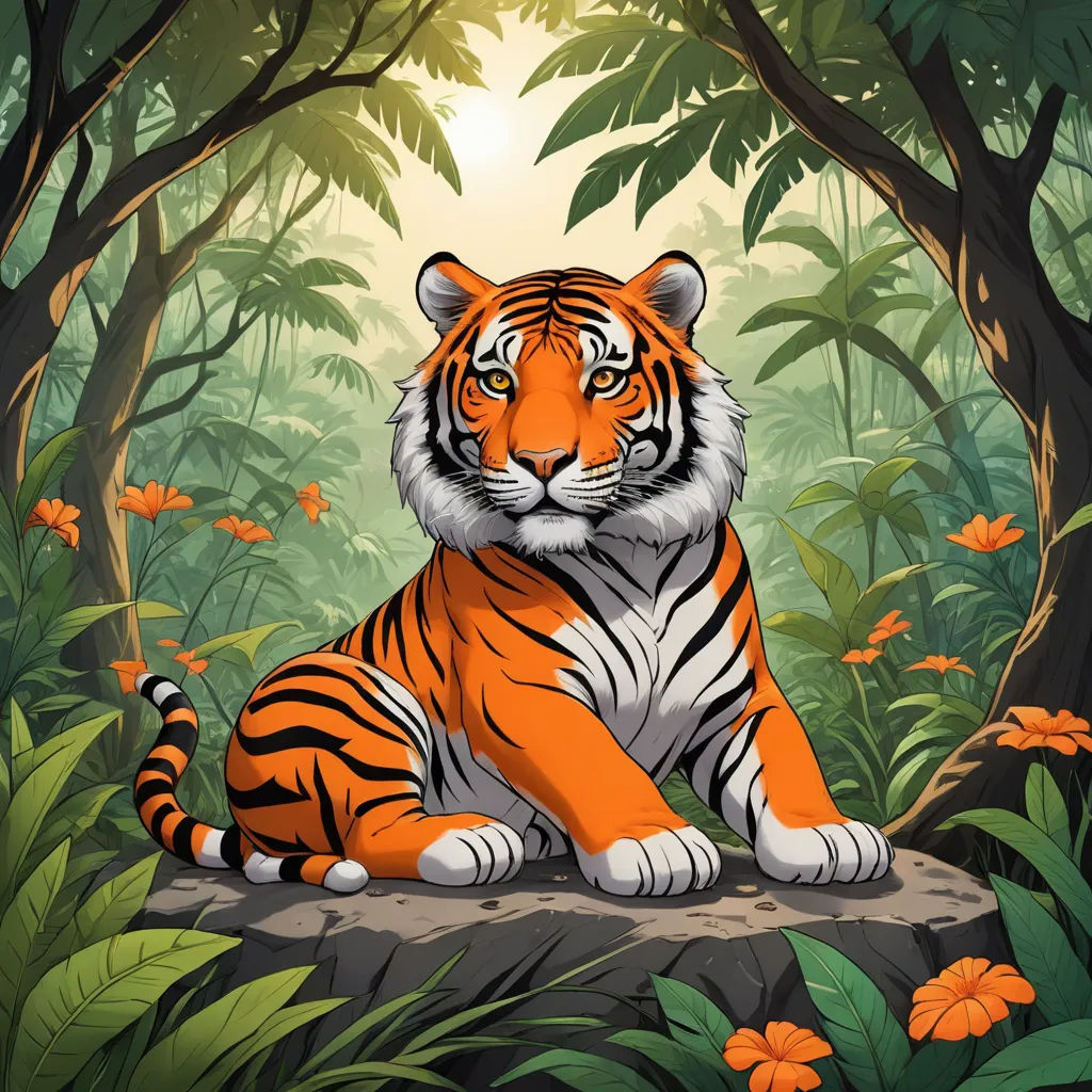 a tiger sitting in the middle of a jungle with flowers and trees around it, with a bright light shining on the background, furry art, an airbrush painting, Chris LaBrooy, highly detailed digital painting