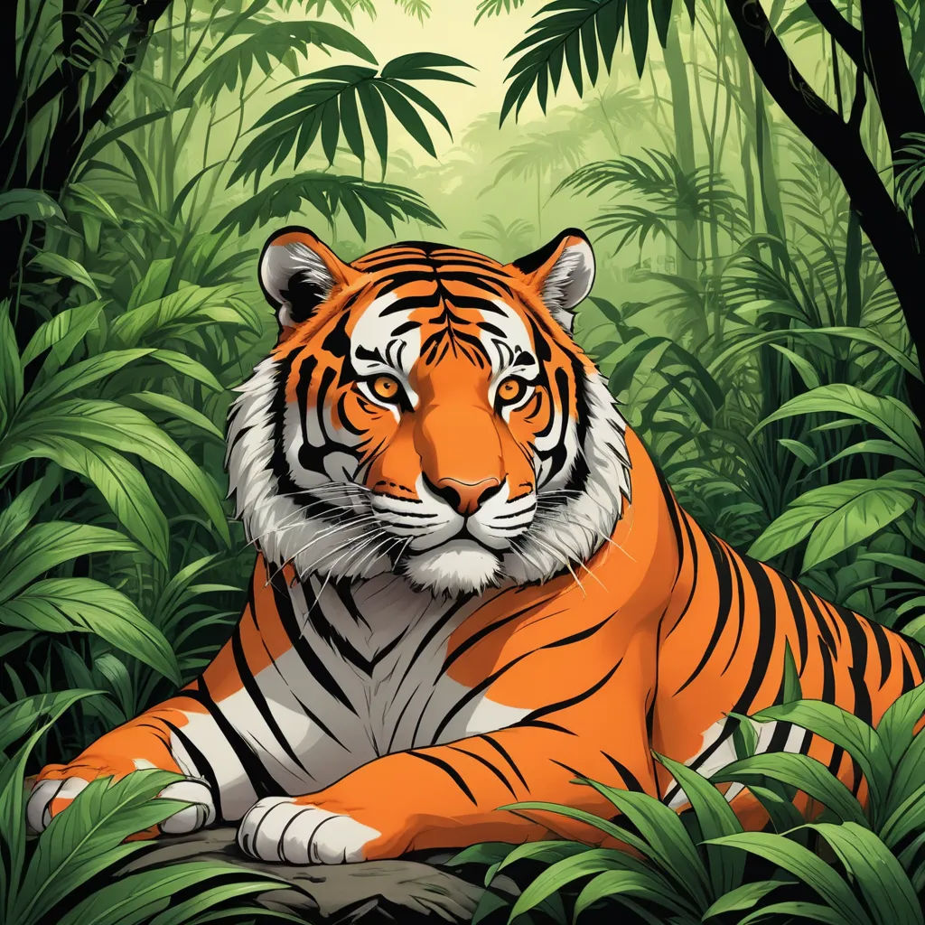 a tiger laying in the middle of a jungle with trees and plants around it, with a background of green foliage, furry art, an airbrush painting, Brom, highly detailed digital painting