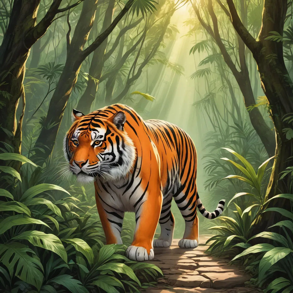 a tiger walking through a jungle with sunlight streaming through the trees and leaves on the ground and on the ground, furry art, an airbrush painting, Anne Stokes, magic the gathering artwork