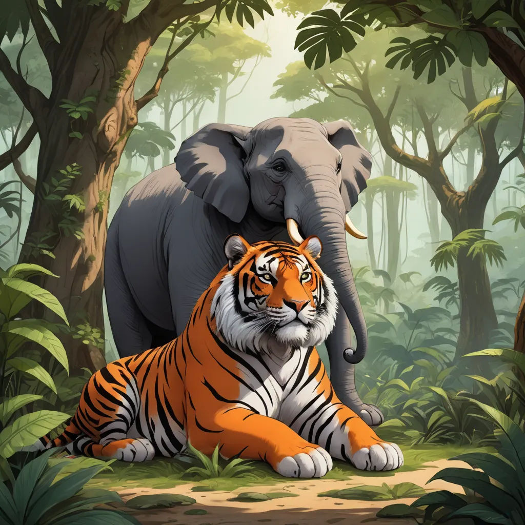 a tiger and an elephant in a jungle setting with trees and bushes behind them, with a backdrop of foliage, bengal school of art, a storybook illustration, Chris LaBrooy, promotional image
