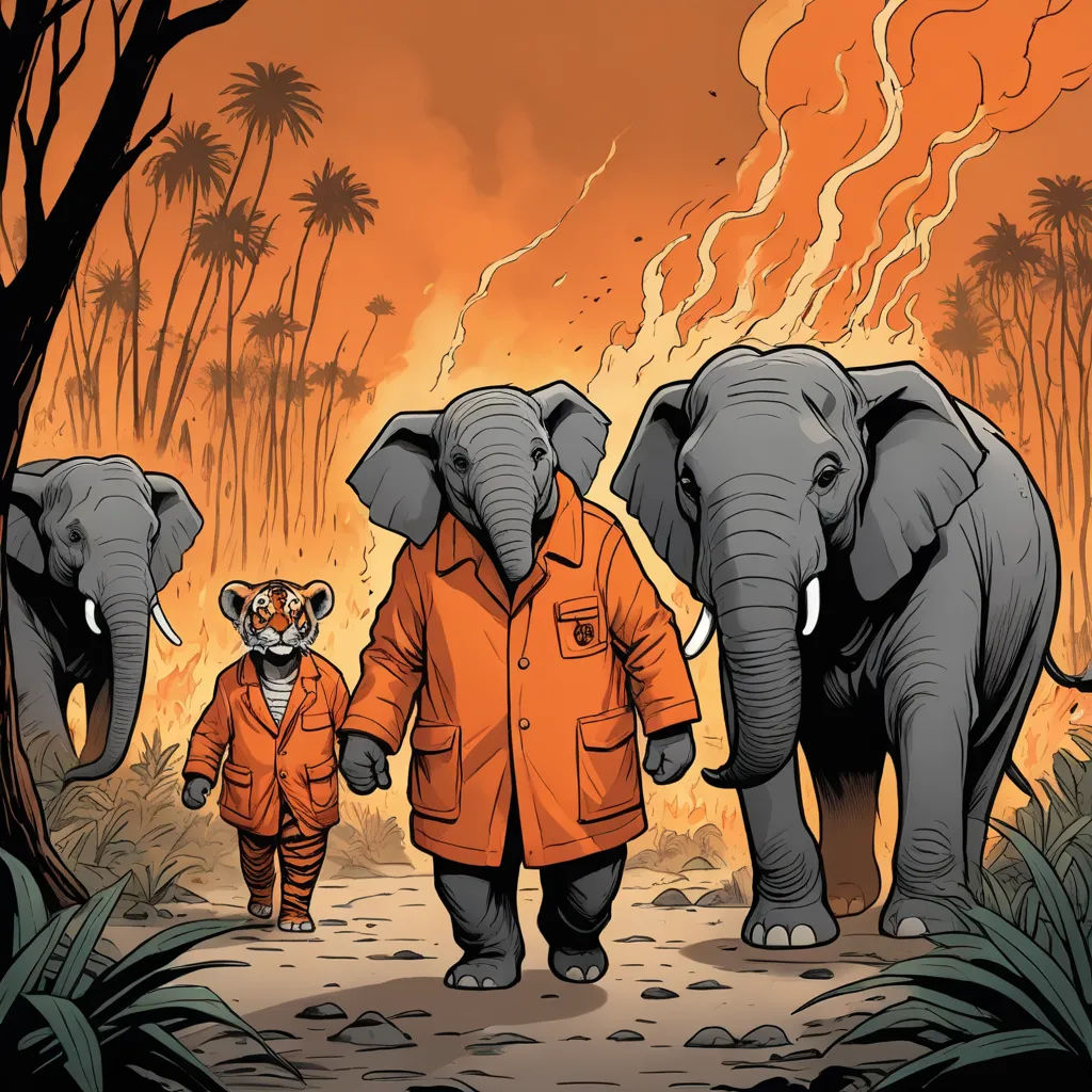 a man in an orange jacket and an elephant in an orange jacket are walking through a jungle with palm trees, furry art, a comic book panel, Chris LaBrooy, comic cover art