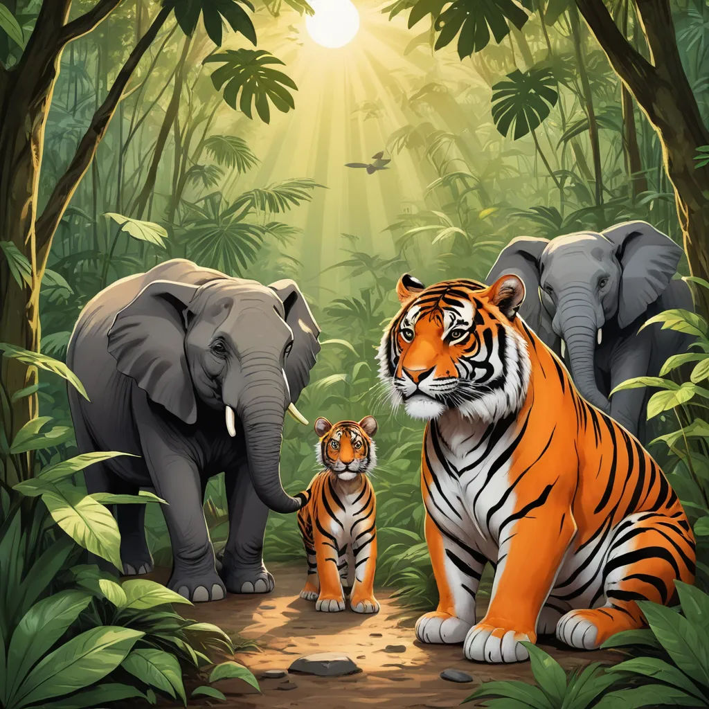 a tiger and a baby tiger in a jungle setting with a bird flying overhead in the background and a bird in the foreground, sumatraism, a storybook illustration, Dan Mumford, highly detailed digital painting